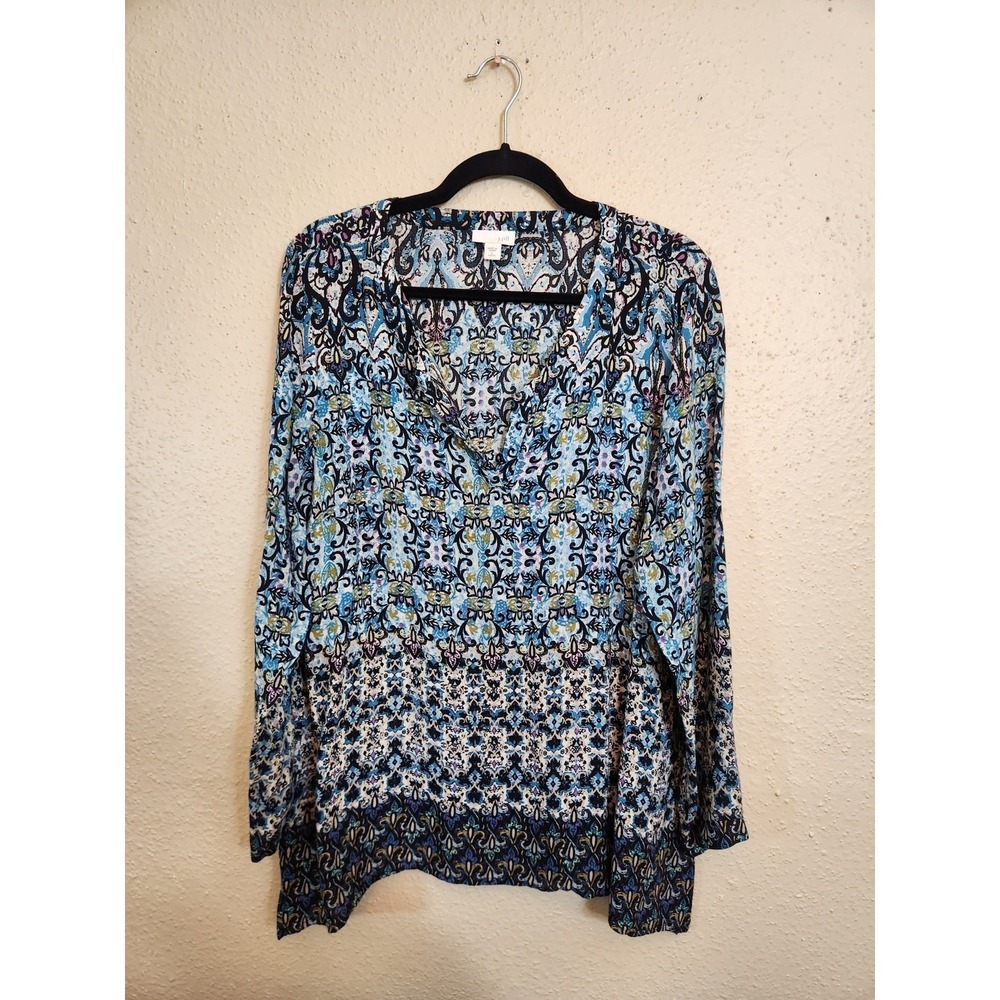 J. Jill Womens Large Petite Blue Paisley Blouse V-Neck Long Sleeve Rayon Tunic